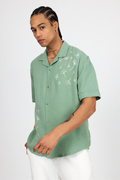 İLKCET MODA Λεπτομερές λινό πουκάμισο μουσελίνας με κέντημα