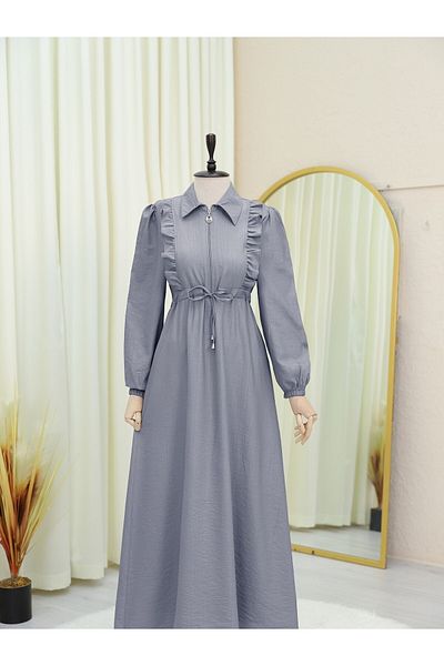 Modamorfo Ruffled Front Half Button Tunnel Lace Dress - Gray