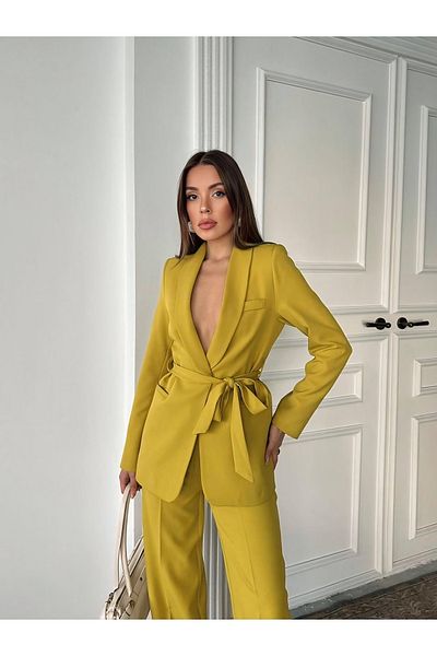 chwain Classic Gird Detailed Mustard Yellow Women's Jacket Pants Suit Cw-3034