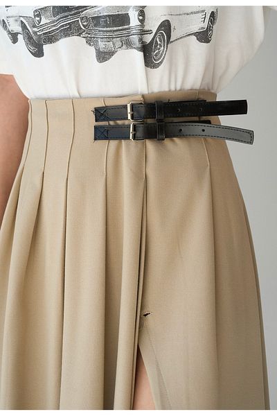 ByEsila Beige Color Midi Length Dress with Pleated Slits and Two Belt Detail