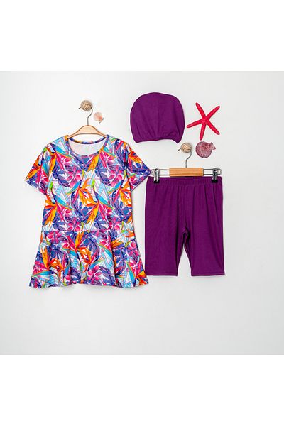 tinytrends Girl's Patterned Flounce Skirt Bonnet Set of Three Swimsuits