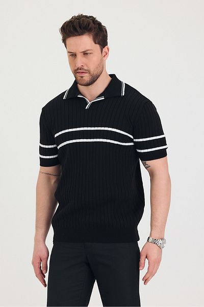 Tarz Cool Tricou pentru bărbați, cu mâneci cu rever, piept, cu dungi albe, tricotaje negre