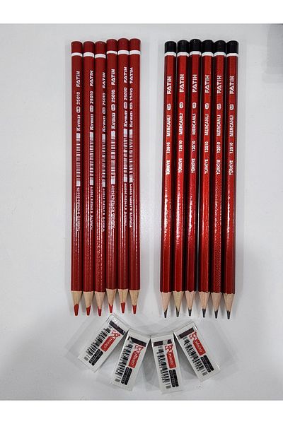 Fatih 6 Pcs Black 6 Pcs Red Lead Pencil and 4 Pcs Soft White Eraser Set