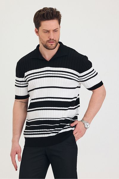 Tarz Cool Tricou Polo pentru bărbați, negru, alb, tricotaj cu detaliu