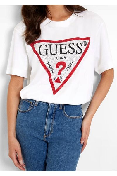 Guess GUESS SS CN SHINY TRIANGLE women's t-shirt white
