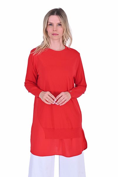 Invee Invee 6987 Chiffon Detailed Red Knitwear Tunic