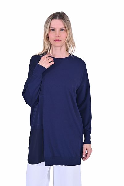 Invee 6986 Fabric Detailed Navy Blue Knitwear Tunic