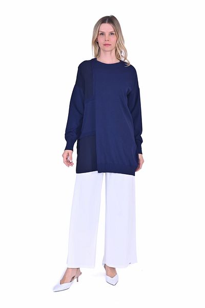 Invee 6986 Fabric Detailed Navy Blue Knitwear Tunic
