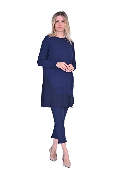 Invee Navy Blue Knit Tunic with Chiffon Detail
