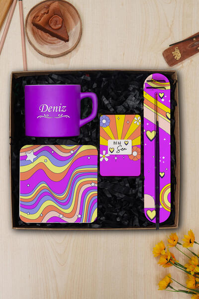 TrendHediye Kişiye Özel Ahşap Tabaklı Fincan, Tütsü Seti, Magnet Hediye Sepeti