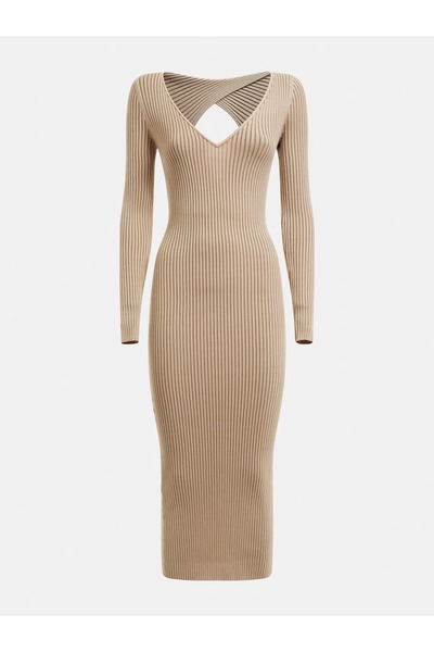 Guess LS TWIST BACK CUTOUT women's dress beige