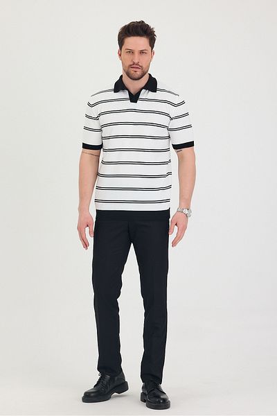 Tarz Cool Ανδρικό μπλουζάκι Polo Neck Λευκό Μαύρο Πλεκτό με Λεπτομέρεια Διπλής Γραμμής