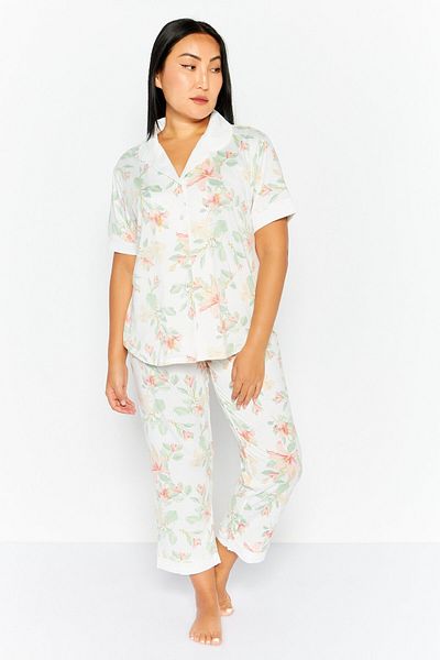 Flora Women 2 Pcs L Print Top And Bottom Pajama Set, White/green Combo