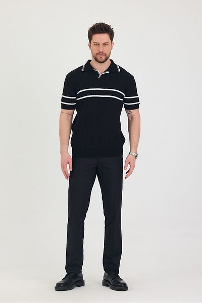 Tarz Cool Tricou pentru bărbați, cu mâneci cu rever, piept, cu dungi albe, tricotaje negre