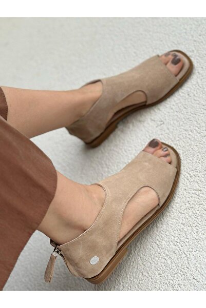 Mammamia 2290 Hakiki Süet Deri Arkadan Fermuar Detaylı Önü Açık Kadın Sandalet