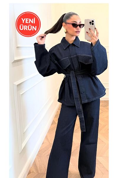 Perryes Women's Tie-Up Denim Suit Oversize Jacket and Pants