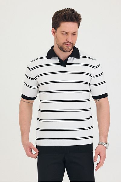 Tarz Cool Ανδρικό μπλουζάκι Polo Neck Λευκό Μαύρο Πλεκτό με Λεπτομέρεια Διπλής Γραμμής