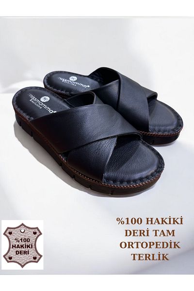 Cozi company Genuine Leather Full Orthopedic Soft Sole Black Women's Slippers