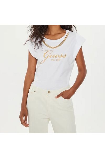 Guess Tricou dama GUESS SS CN CRYSTAL LOGO T alb