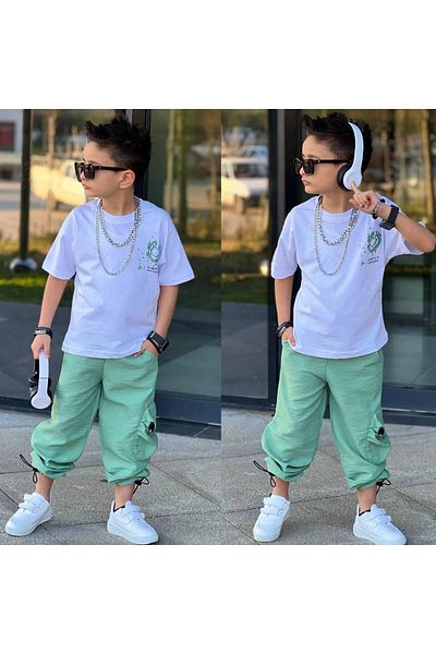 sinmm Boy's Parachute Fabric Bottom Combed Cotton T-Shirt Bottom-Top Suit Green Color Ymn18