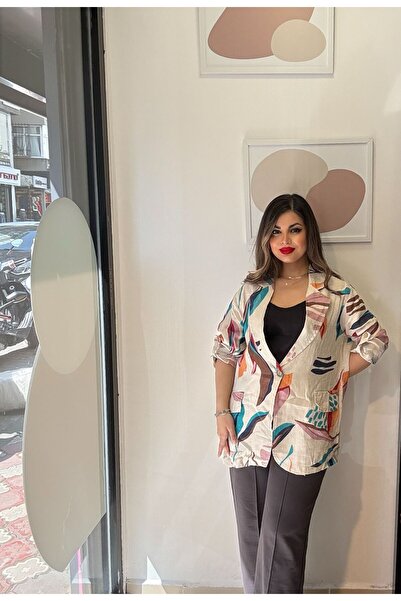 LADY RIVSD 100% Keten Desenli Kadın Ceket, Kadın Spor Ceket, STD Beden/36-46