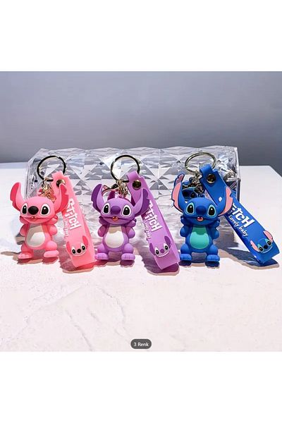 Bizde Ne Yok ki Stitch Keychain Pink, Blue, Purple, 3D Large Size Stylish Silicone Anime Character Bag Ornament 3Pcs