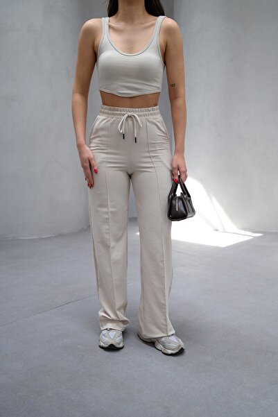 veres Μπεζ 2 νήματα ψηλόμεσο κορδόνι φαρδύ πόδι εποχιακό παντελόνι