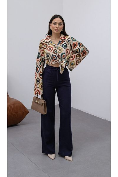 veres Women's Navy Blue Linen High Waist Wide Leg Waist Lace up Palazzo Summer Pants