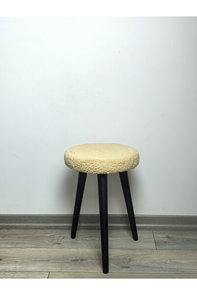 decosense Cozy Peluş Puf Dekoratif Ahşap 3 Siyah Ayaklı Tabure Şık Konforlu Y...