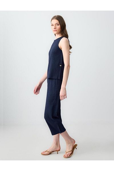 Jimmy Key Navy Blue High Waist Regular Leg Short Knitted Trousers