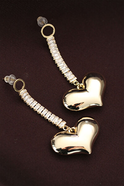 Generic Brand Steel Gold Color Baguette Stone Heart Earrings