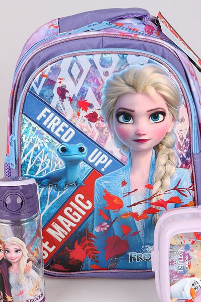 Disney DEKOMUS LICENȚIAT ELSA FROZEN SALTO ICE MAGIC „GEANTĂ DE Școală, VASĂ DE MÂNCARE ȘI BIBEROANĂ TRITAN DE 500 ML ARĂ