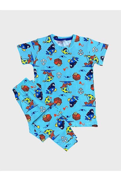elmas kids Set de pijamale de vară pentru bărbați, 100% bumbac, albastru, cu model de pește, cu mânecă scurtă
