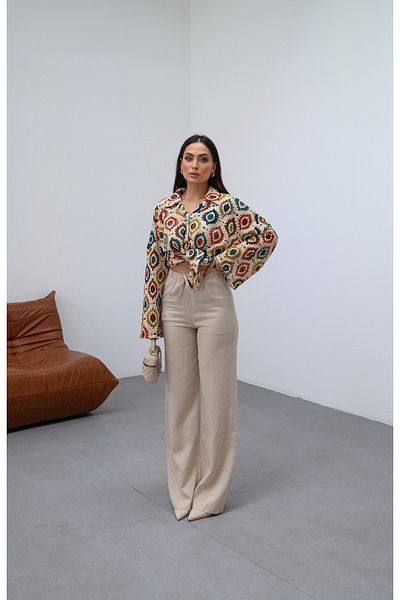 veres Women's Beige Linen High Waist Wide Leg Waist Lace up Palazzo Summer Pants