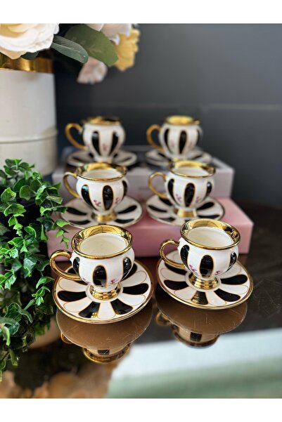 hinezahome Porselen Scarlet Siyah Ayaklı Gold Detaylı 6 Kişilik Fincan Takımı
