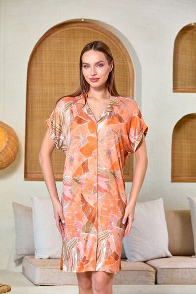 Cossy By Aqua 25687 Women's Patterned Short Sleeve Shirt Collar Summer Viscose Home Dress