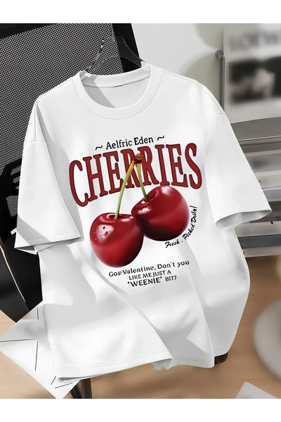 Revasser Unisex Ανδρικά/Γυναικεία CHERRIES Μπλουζάκια με προσαρμοσμένο εμπριμέ μεγάλου μεγέθους βαμβακερό λαιμόκοψη