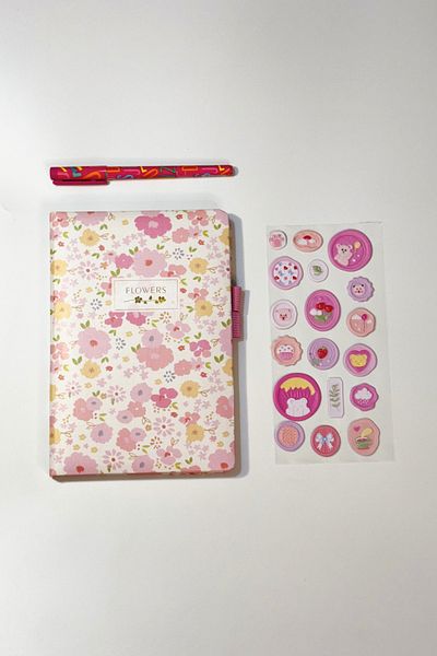 caps office Caiet de 200 de coli cu model floral și autocolant în relief + set de pixuri cu gel Set de papetărie