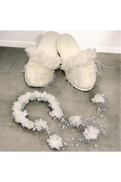 SavBrand White Furry Pearled Maternity Slippers and Floral Crown, Women's Maternity Set