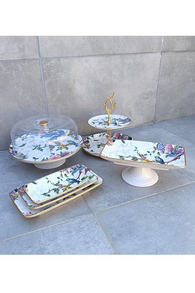 Pinkev 6 Piece Bird Pattern Ceramic Cake Presentation Plate Set