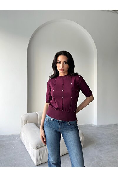 novalook Soğuk İplik İncili Saç Örgü Şeritli Kısa Kol Bluz