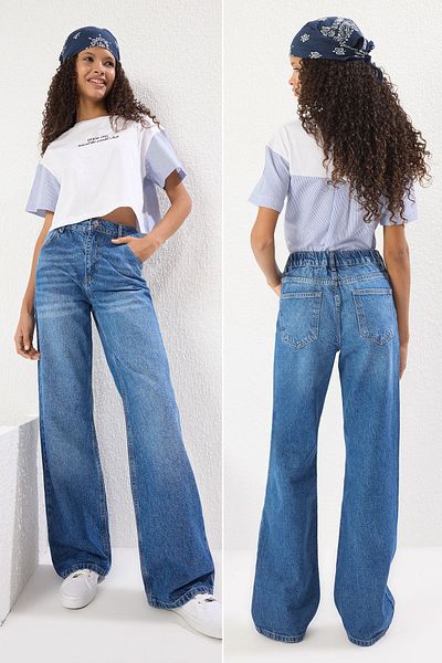 Trendyol Collection Blugi cu talie lată cu talie obișnuită cu elastic în talie din spate albastru TWOSS25JE00228
