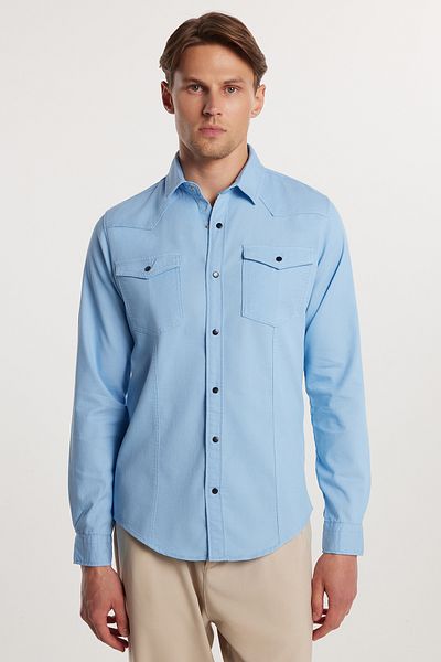 Tudors Slim Fit Μακρυμάνικο Casual Τζιν Τζιν Ανδρικό Μπλε πουκάμισο