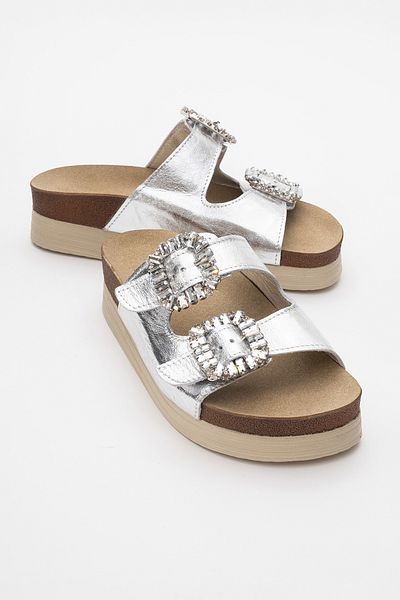 LuviShoes POLACCA Silver Skin Stone Double Banded Genuine Leather Women's Thick Sole Slippers