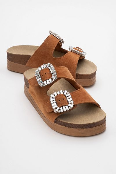 LuviShoes POLACCA Tan Suede Stoned Double Banded Genuine Leather Women's Thick Sole Slippers