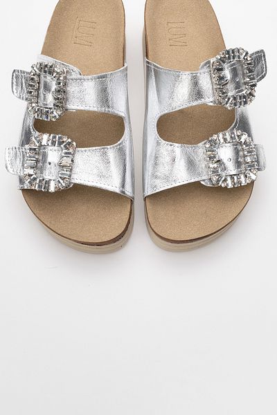 LuviShoes POLACCA Silver Skin Stone Double Banded Genuine Leather Women's Thick Sole Slippers