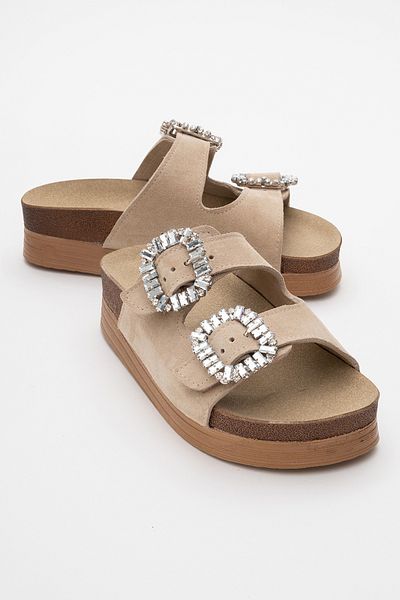 LuviShoes POLACCA Papuci de damă cu talpă groasă din piele naturală cu bandă dublă din piele de căprioară bej