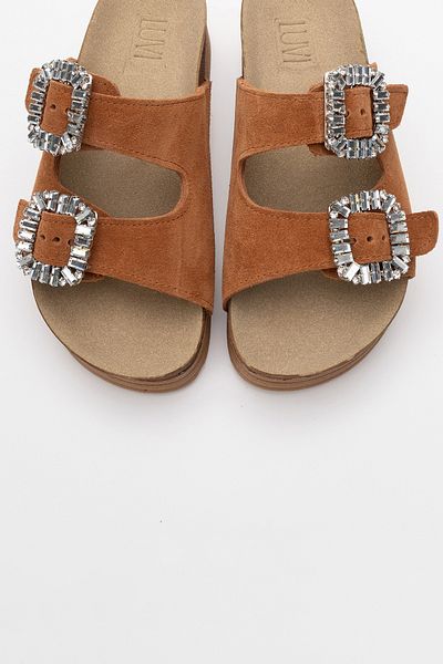 LuviShoes POLACCA Tan Suede Stoned Double Banded Genuine Leather Women's Thick Sole Slippers