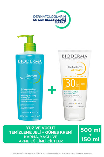 Bioderma Sebium Akne Eğilimli Ciltler Yüz Temizleme Jeli 500ml & Photoderm AKN Mat Güneş Kremi 150ml