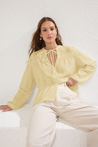 Trendyol Collection Yellow Cotton Textured Lace on Sleeve Regular Fit Boho Woven Shirt Twoss25Go00038